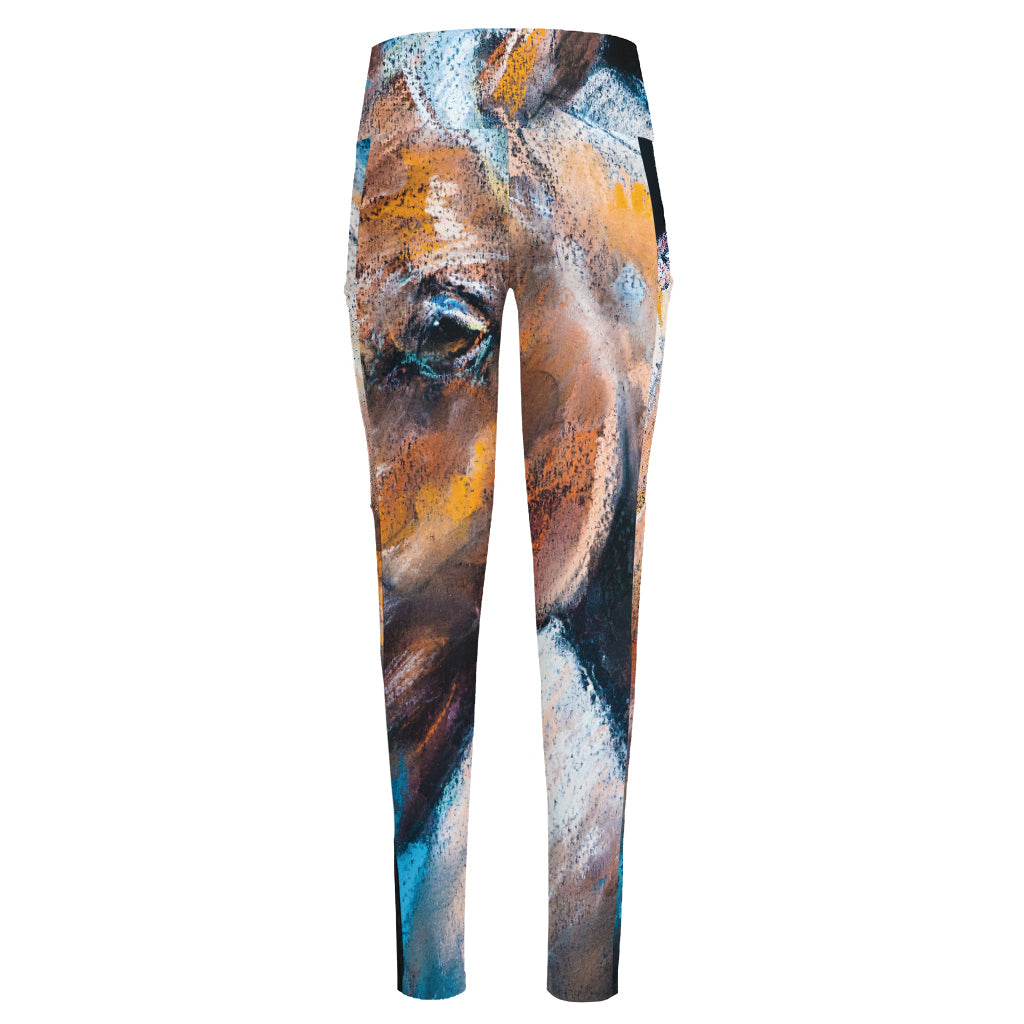 Dark Blue Horse Painting Print High-Waisted Pocket Leggings