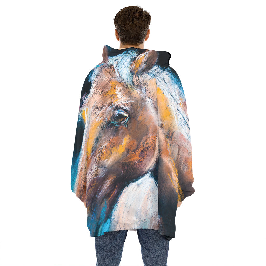 Dark Blue Horse Painting Print Hoodie Blanket