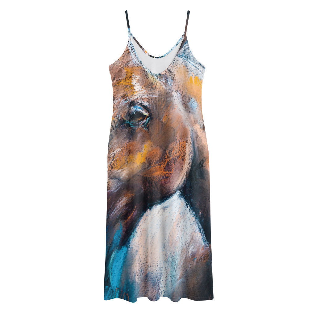 Dark Blue Horse Painting Print Jersey Midi Cami Dress