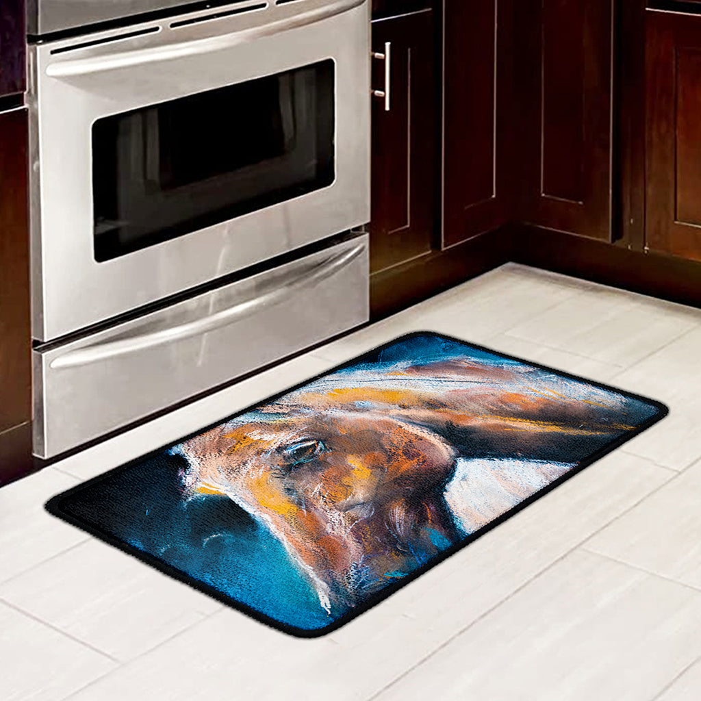 Dark Blue Horse Painting Print Kitchen Mat