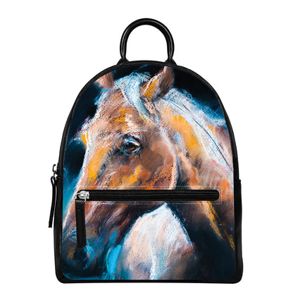 Dark Blue Horse Painting Print Leather Backpack