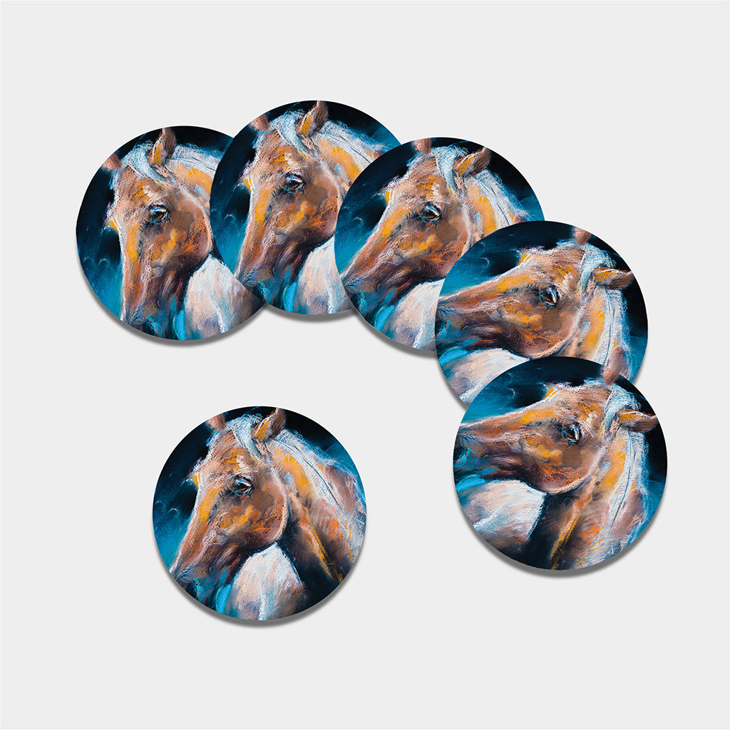 Dark Blue Horse Painting Print Leather Coaster Set