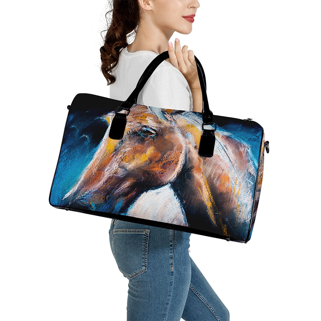 Dark Blue Horse Painting Print Leather Duffle Bag