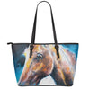 Dark Blue Horse Painting Print Leather Tote Bag