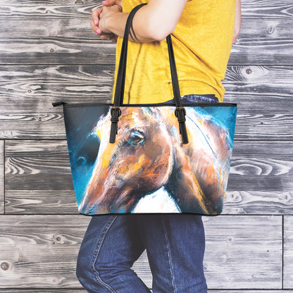 Dark Blue Horse Painting Print Leather Tote Bag