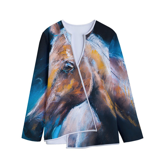 Dark Blue Horse Painting Print Long Sleeve Short Coat