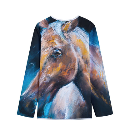Dark Blue Horse Painting Print Long Sleeve Short Coat