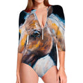 Dark Blue Horse Painting Print Long Sleeve Swimsuit