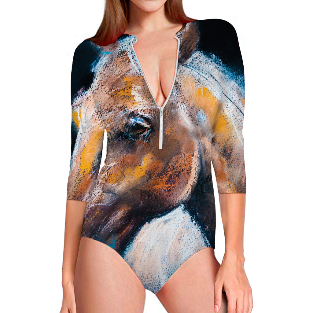 Dark Blue Horse Painting Print Long Sleeve Swimsuit