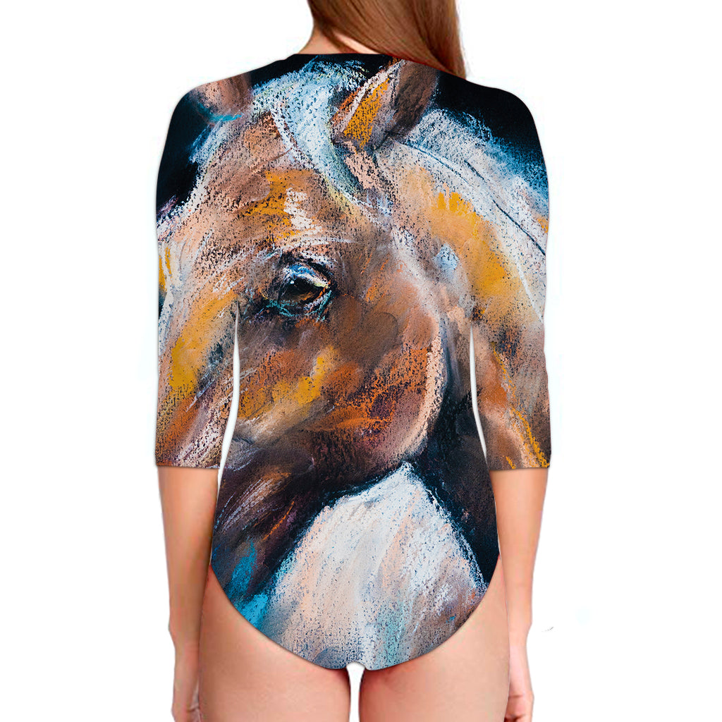 Dark Blue Horse Painting Print Long Sleeve Swimsuit