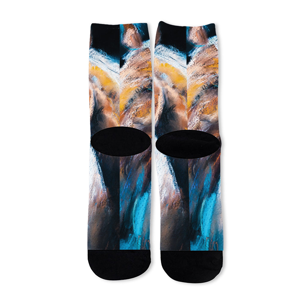 Dark Blue Horse Painting Print Long Socks