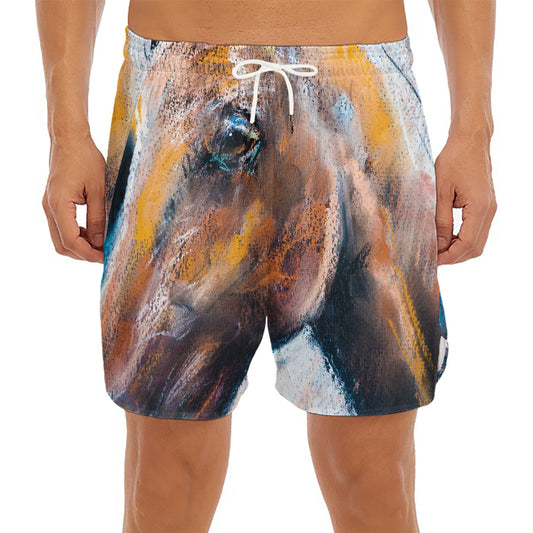 Dark Blue Horse Painting Print Men's Split Running Shorts