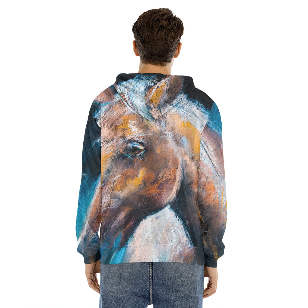 Dark Blue Horse Painting Print Men's Velvet Pullover Hoodie