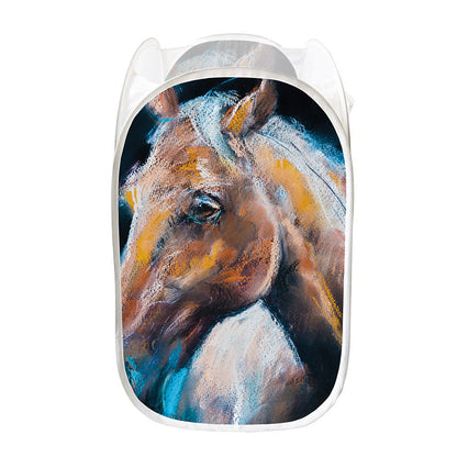 Dark Blue Horse Painting Print Mesh Laundry Hamper