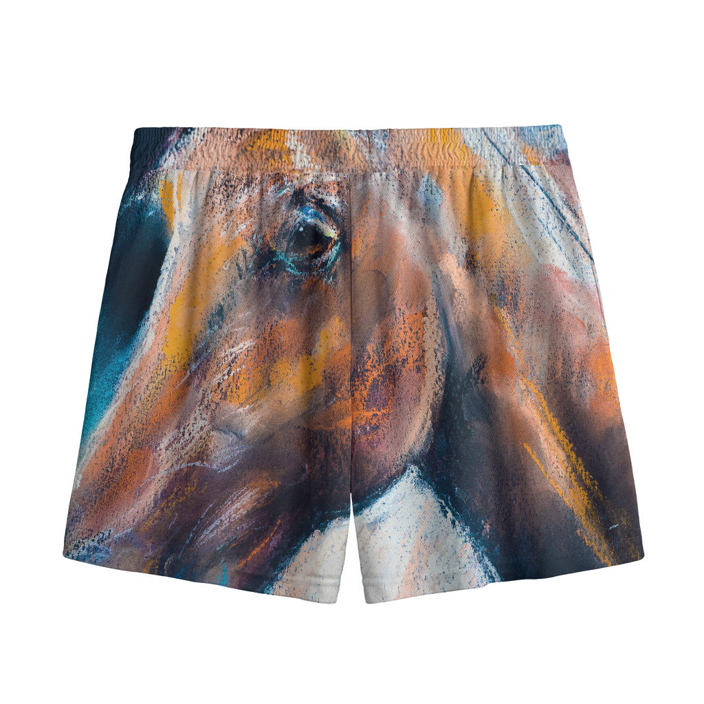 Dark Blue Horse Painting Print Mesh Shorts