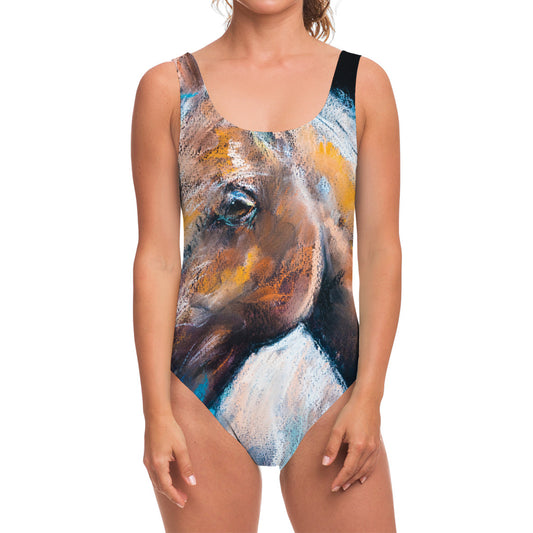 Dark Blue Horse Painting Print One Piece Swimsuit