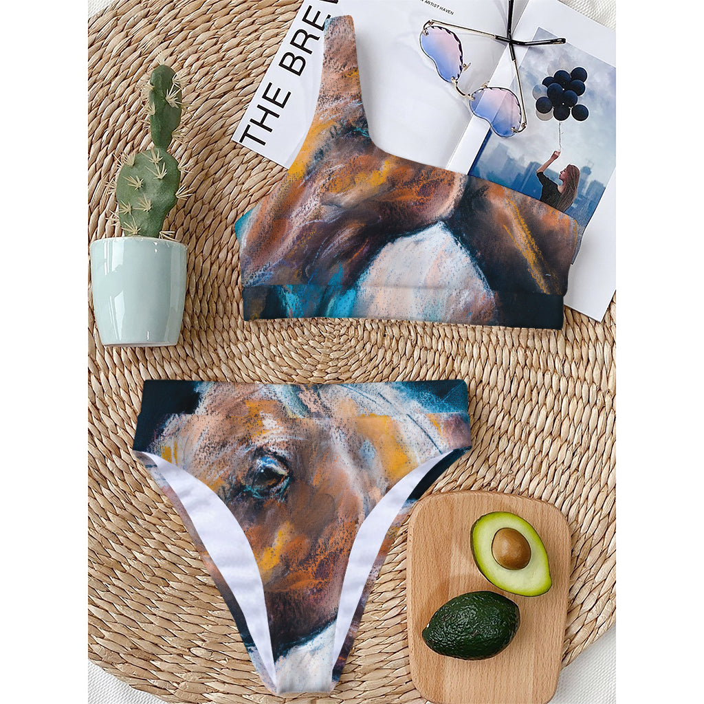 Dark Blue Horse Painting Print One Shoulder Bikini Top