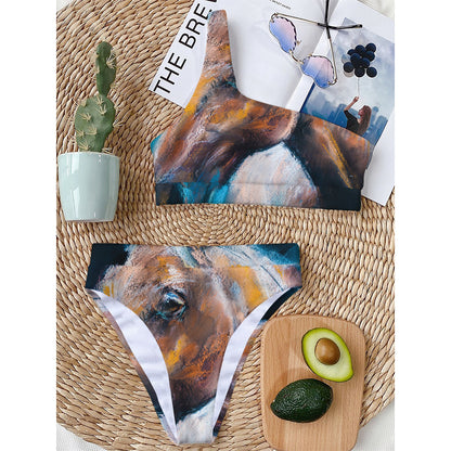 Dark Blue Horse Painting Print One Shoulder Bikini Top