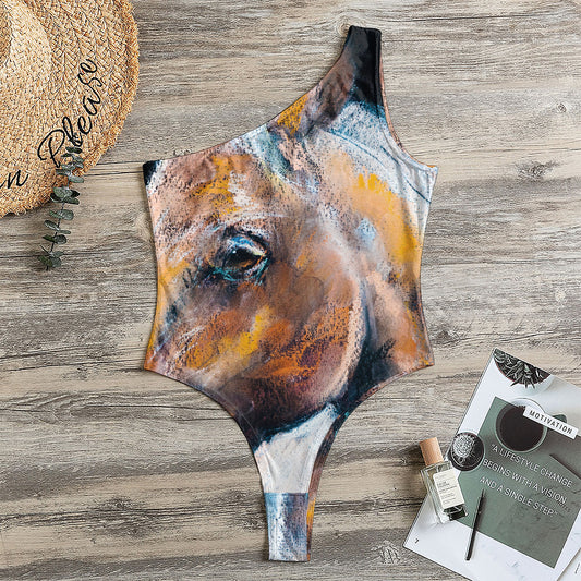 Dark Blue Horse Painting Print One Shoulder Bodysuit