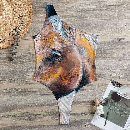 Dark Blue Horse Painting Print One Shoulder Bodysuit