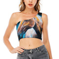 Dark Blue Horse Painting Print One Shoulder Crop Top