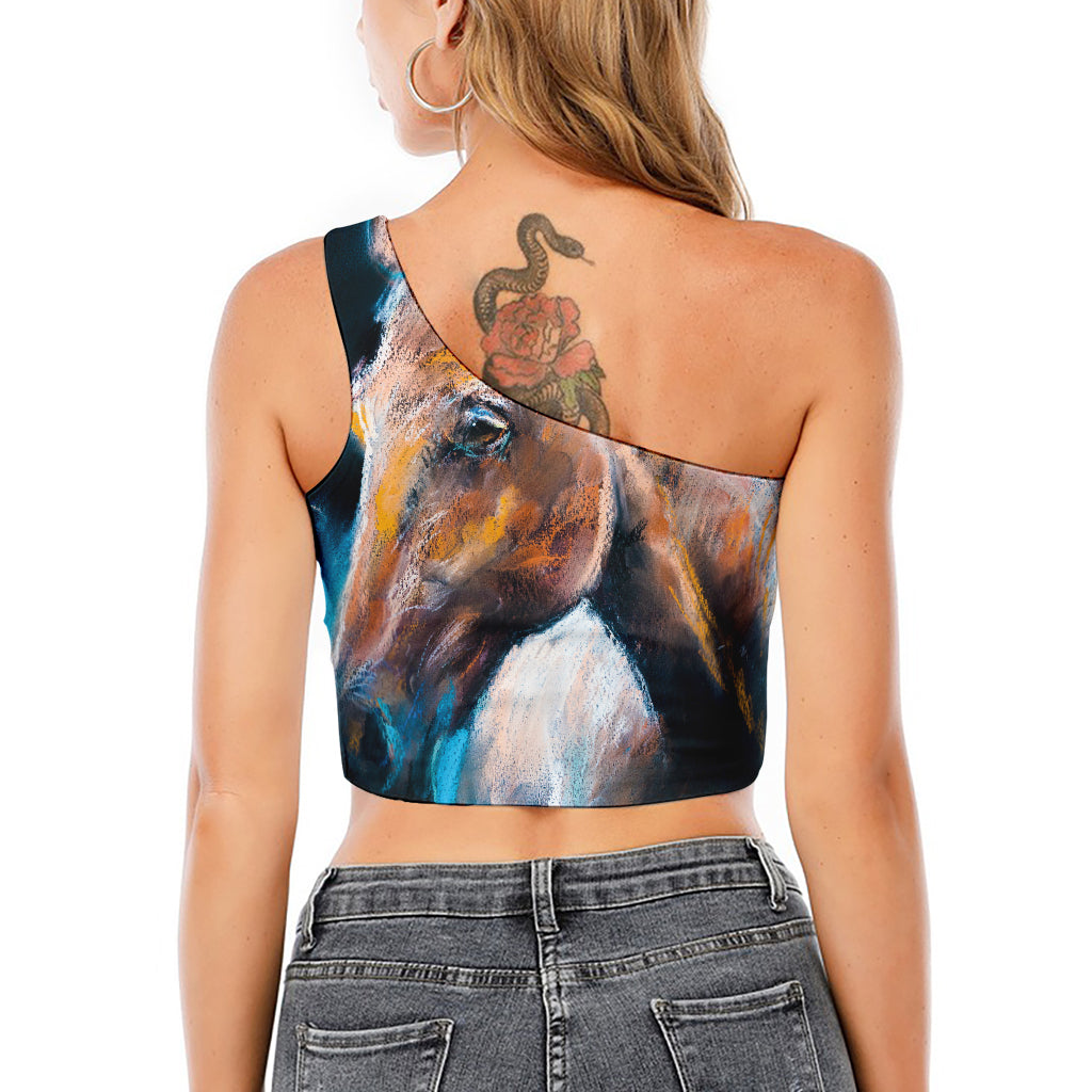 Dark Blue Horse Painting Print One Shoulder Crop Top