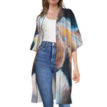 Dark Blue Horse Painting Print Open Front Beach Cover Up