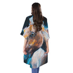 Dark Blue Horse Painting Print Open Front Beach Cover Up