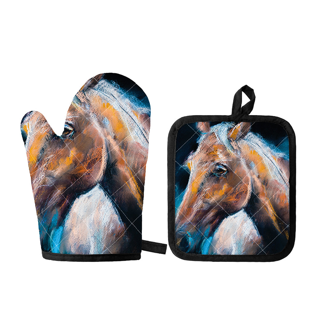 Dark Blue Horse Painting Print Oven Mitt And Pot Holder Set
