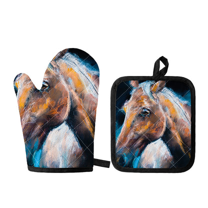 Dark Blue Horse Painting Print Oven Mitt And Pot Holder Set