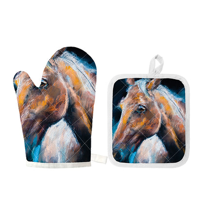 Dark Blue Horse Painting Print Oven Mitt And Pot Holder Set