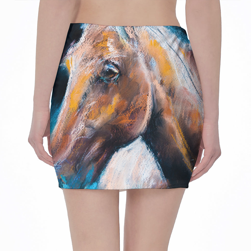 Dark Blue Horse Painting Print Pencil Mini Skirt