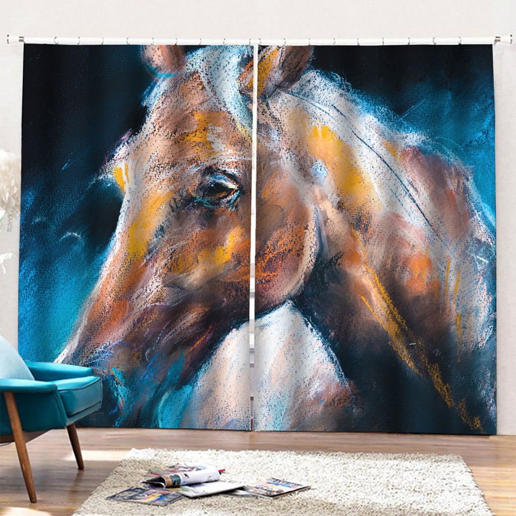 Dark Blue Horse Painting Print Pencil Pleat Curtains