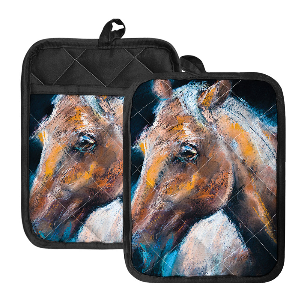 Dark Blue Horse Painting Print Pot Holders With Pocket