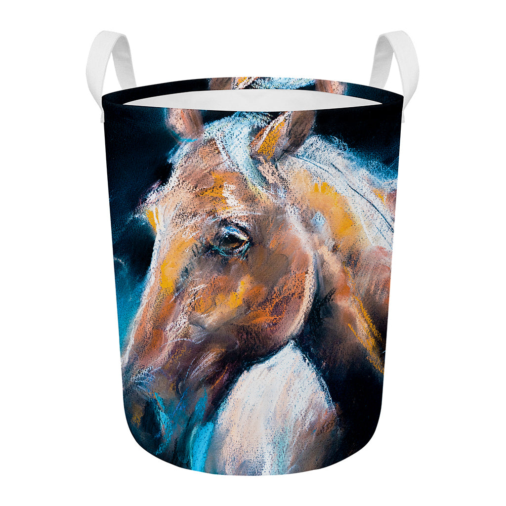 Dark Blue Horse Painting Print Round Laundry Basket