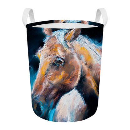 Dark Blue Horse Painting Print Round Laundry Basket