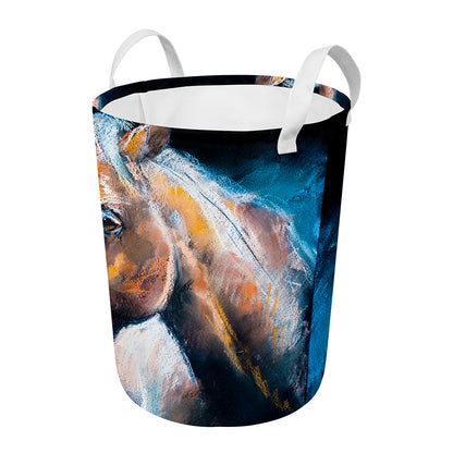 Dark Blue Horse Painting Print Round Laundry Basket