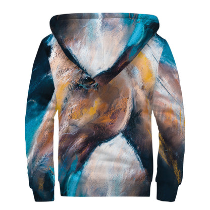 Dark Blue Horse Painting Print Sherpa Lined Zip Up Hoodie