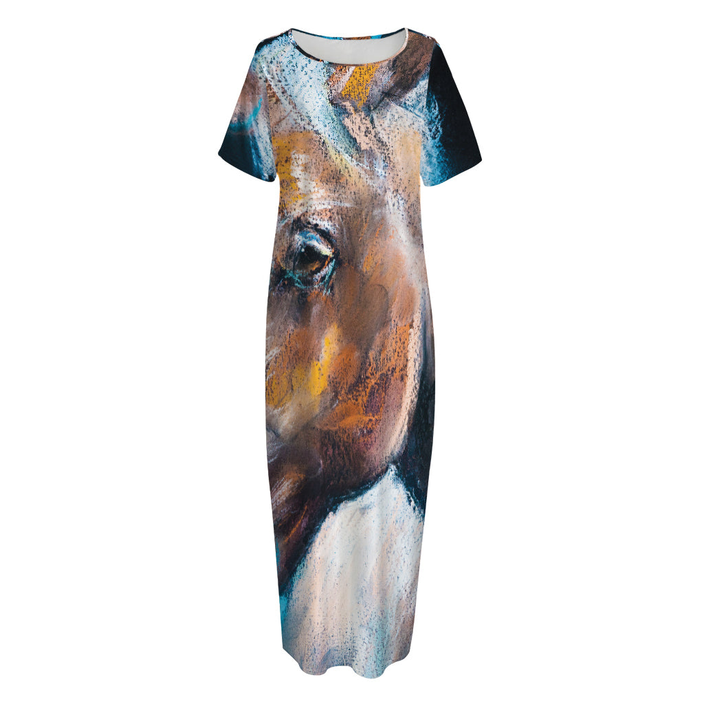 Dark Blue Horse Painting Print Short Sleeve Long Nightdress