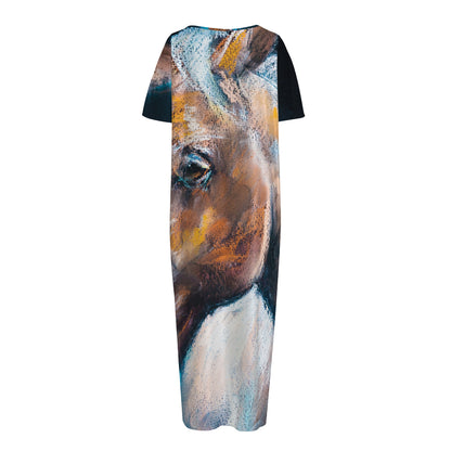 Dark Blue Horse Painting Print Short Sleeve Long Nightdress