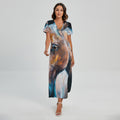 Dark Blue Horse Painting Print Short Sleeve Maxi Dress