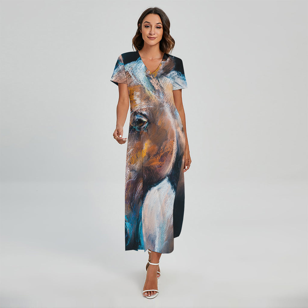 Dark Blue Horse Painting Print Short Sleeve Maxi Dress