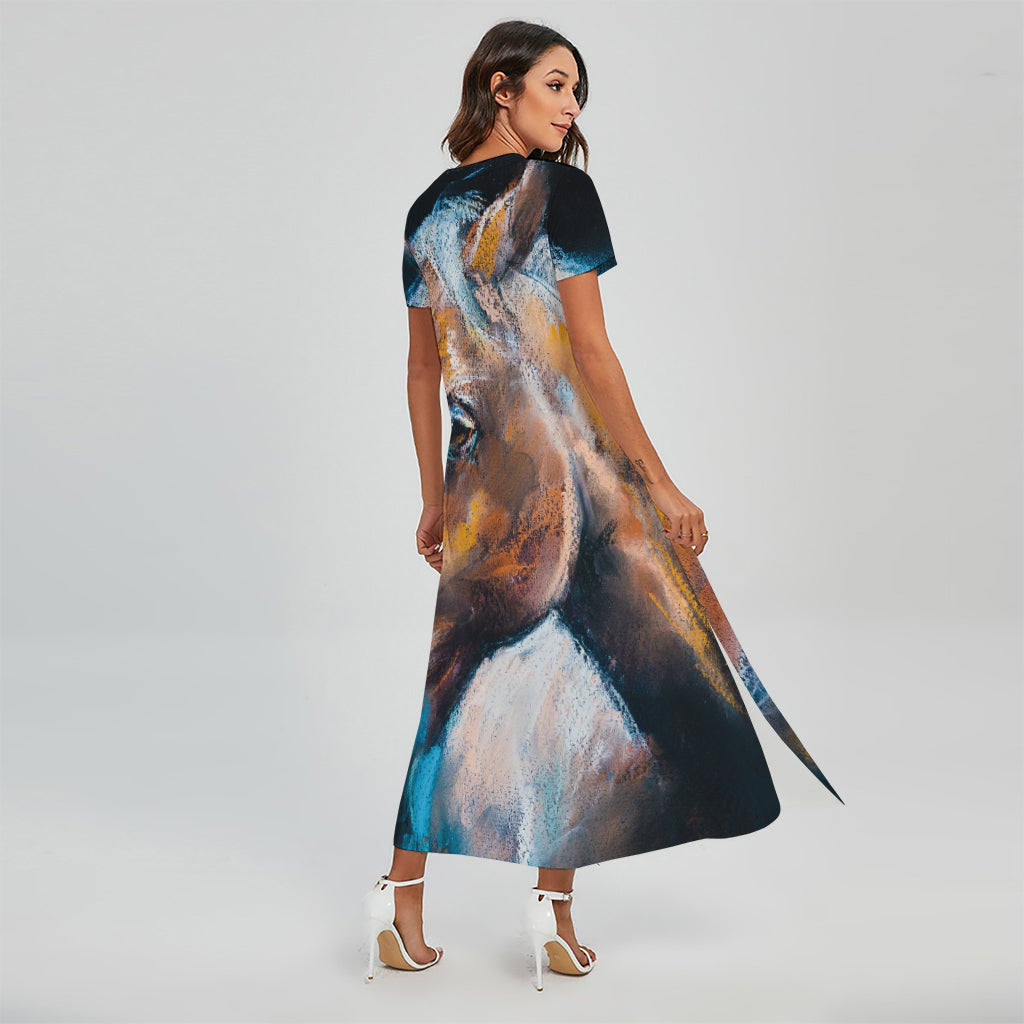Dark Blue Horse Painting Print Short Sleeve Maxi Dress