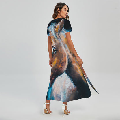 Dark Blue Horse Painting Print Short Sleeve Maxi Dress