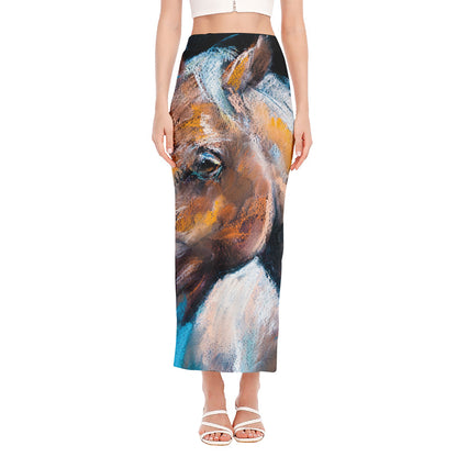 Dark Blue Horse Painting Print Side Slit Maxi Skirt