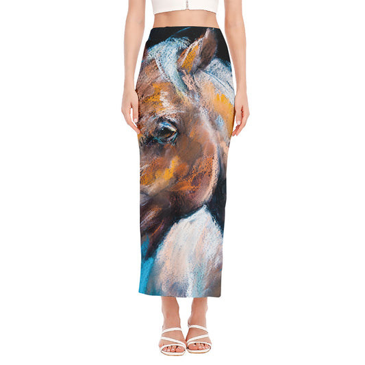 Dark Blue Horse Painting Print Side Slit Maxi Skirt