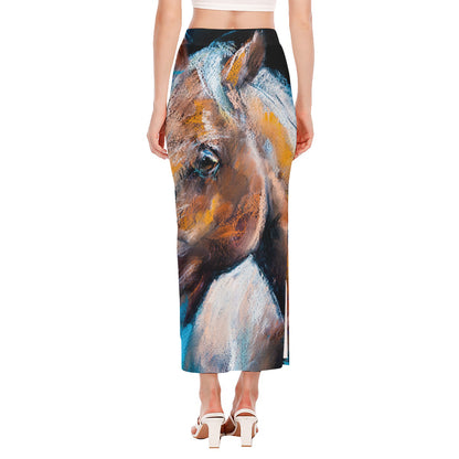 Dark Blue Horse Painting Print Side Slit Maxi Skirt