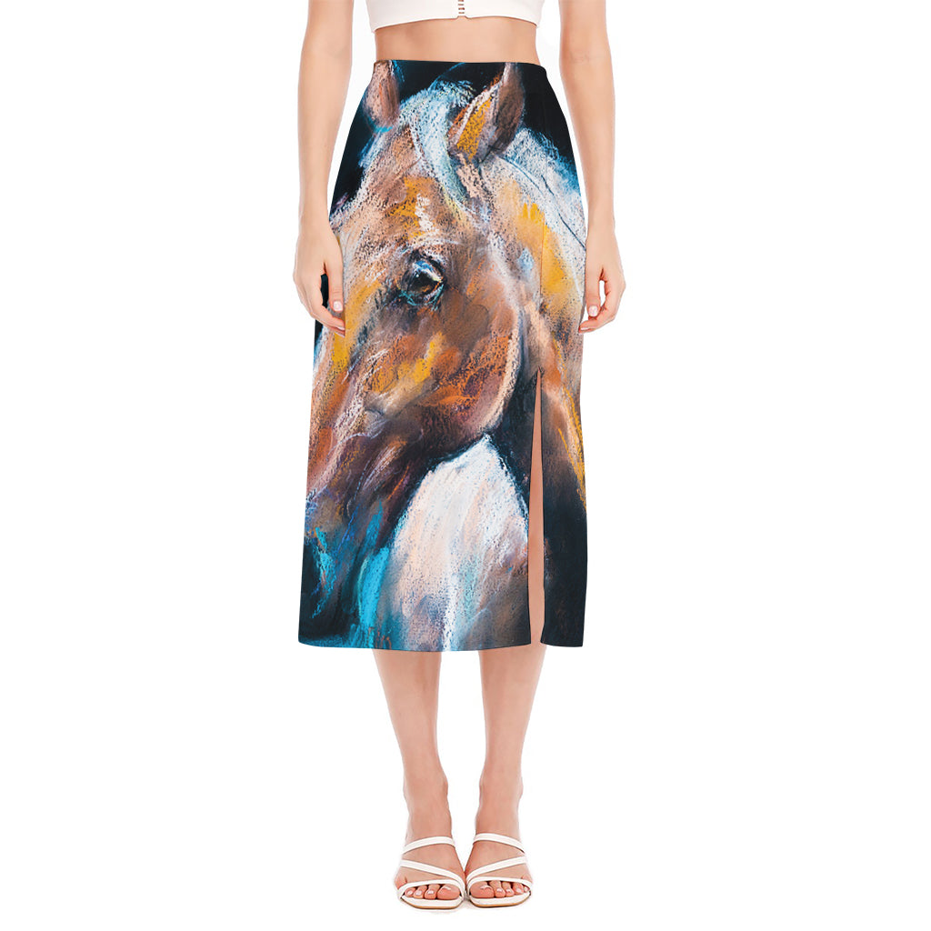 Dark Blue Horse Painting Print Side Slit Midi Skirt