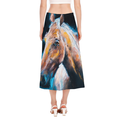 Dark Blue Horse Painting Print Side Slit Midi Skirt