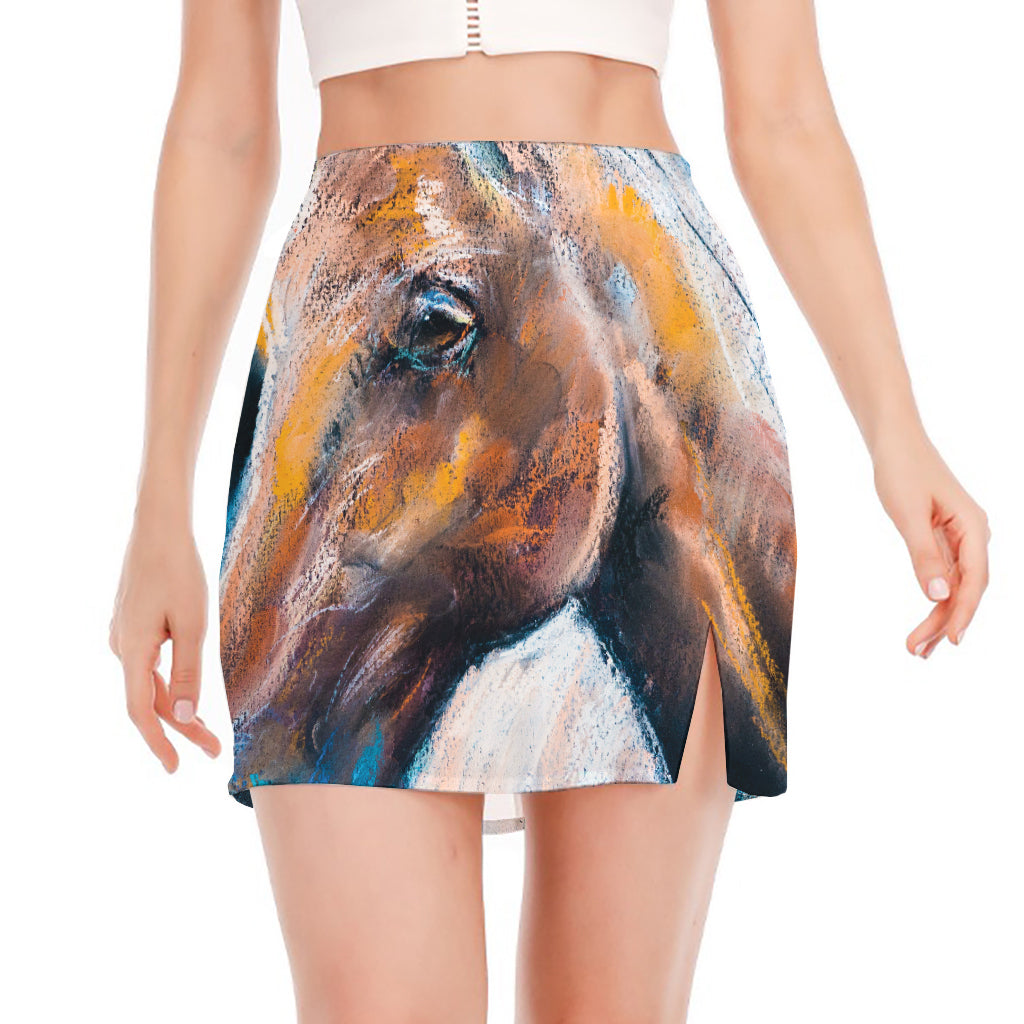 Dark Blue Horse Painting Print Side Slit Mini Skirt
